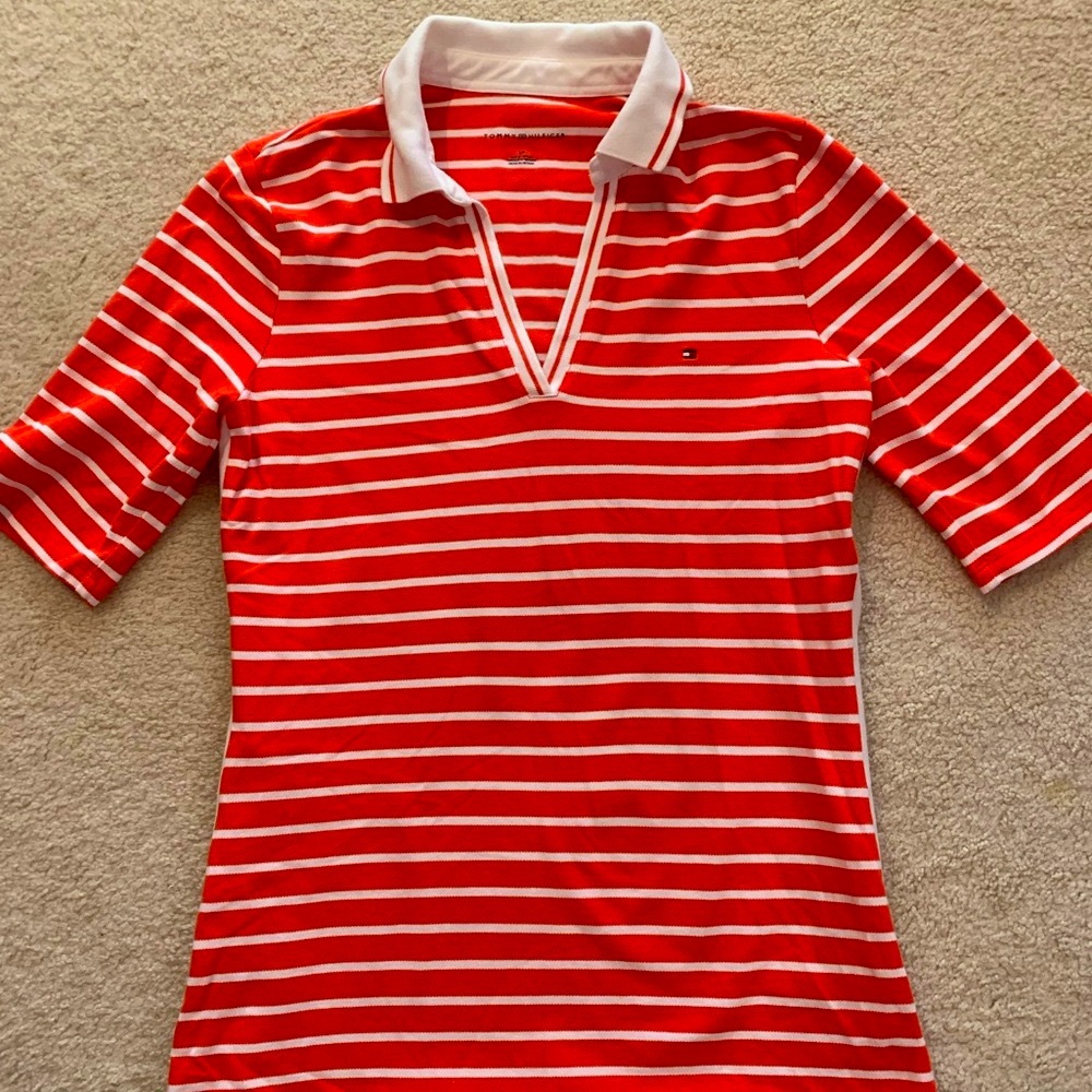 Tommy Hilfiger Red and White Striped Polo